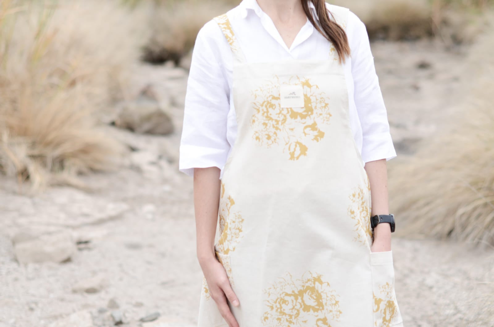 Cross back Linen Apron | Mustard Country Florals