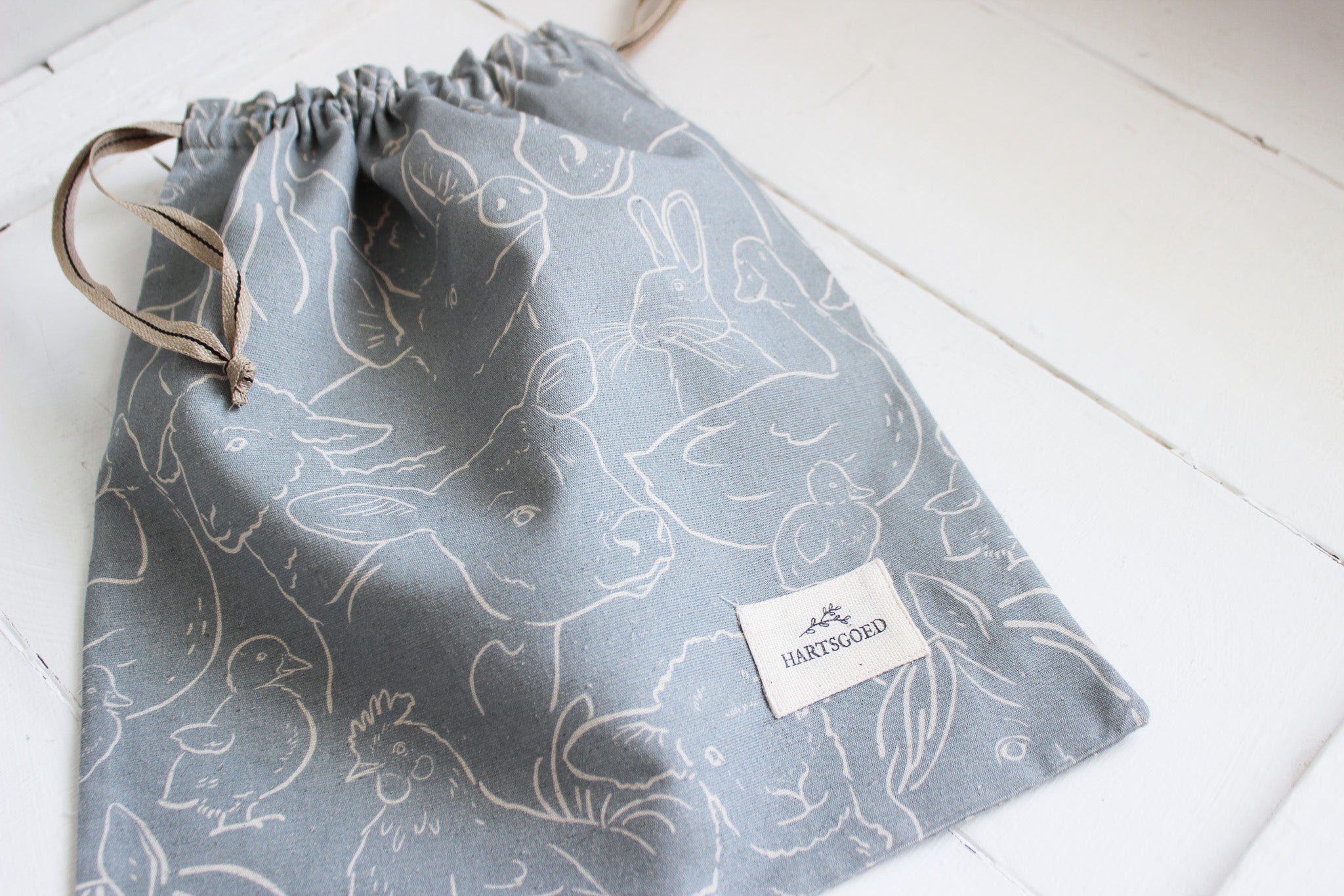 Linen Drawstring (L) | Farm Animals Grey