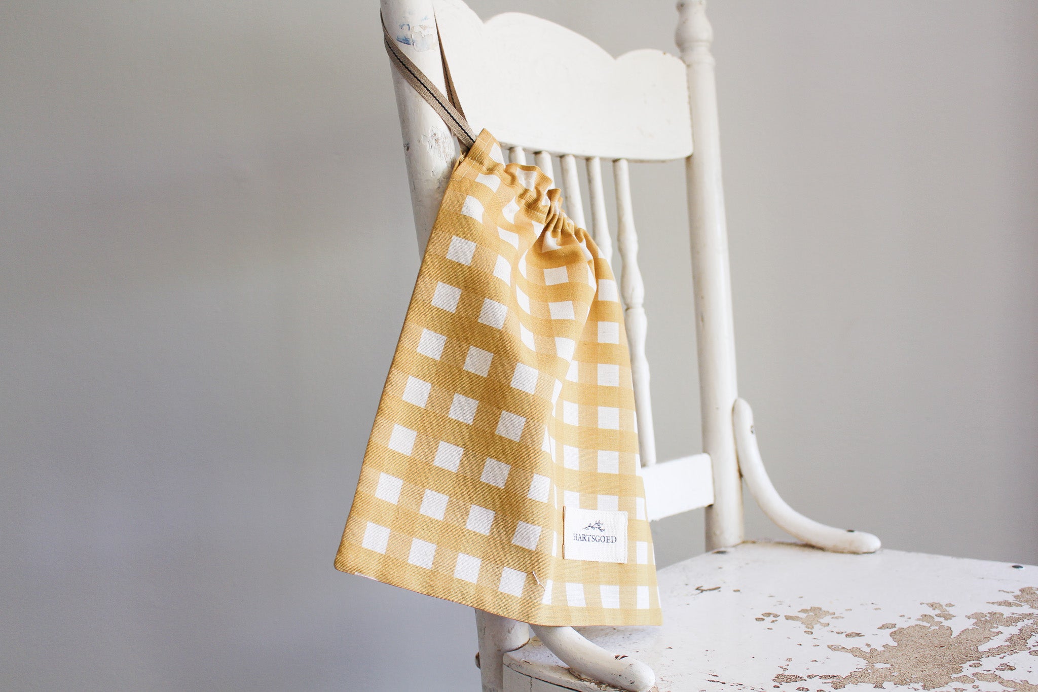 Linen Drawstring (M) | Mustard Gingham | 25x30cm