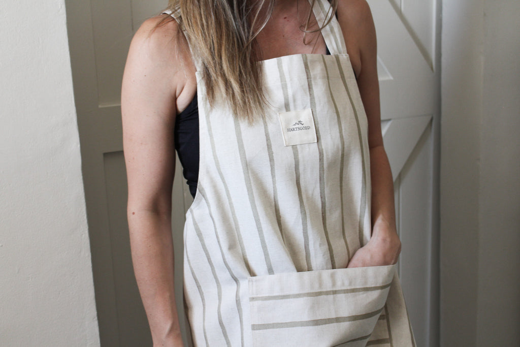 Cross Back Linen Apron | Olive Water Color Lines