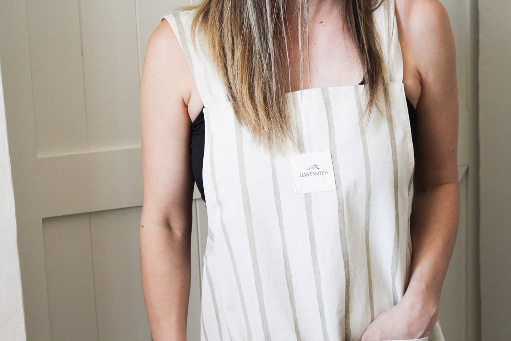Cross Back Linen Apron | Olive Water Color Lines