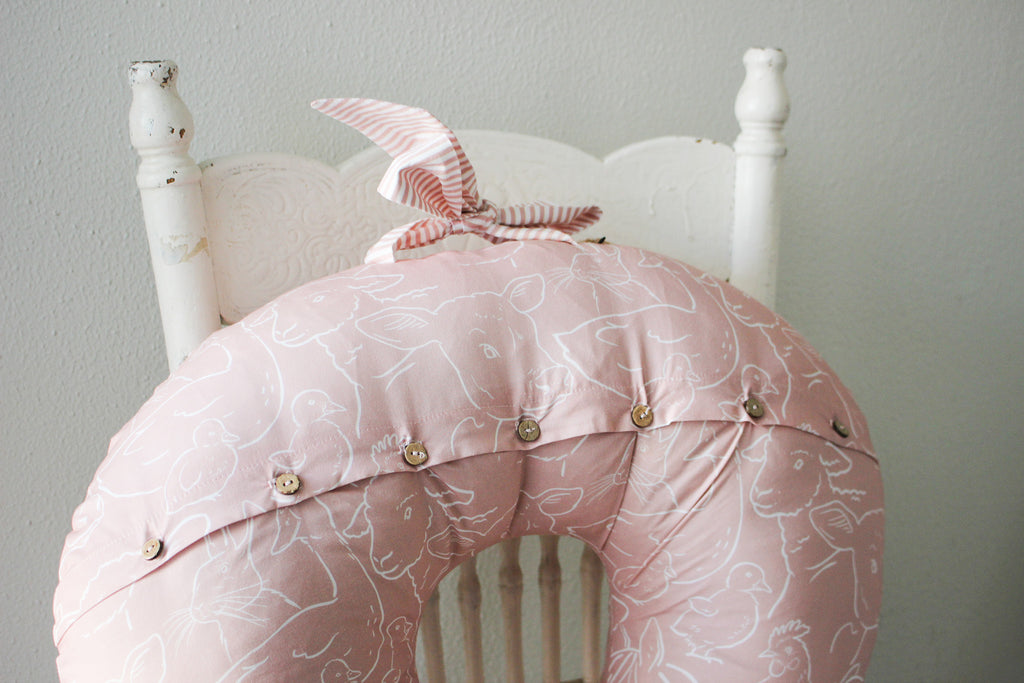 Cotton Nursing Pillow | Farm Animals | Dusty Rose