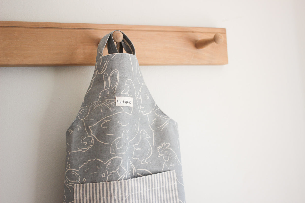 Kiddies Cross Back Linen Apron | Farm Animals on Grey