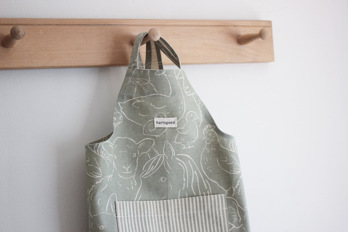 Kiddies Cross Back Linen Apron | Farm Animals on Olive