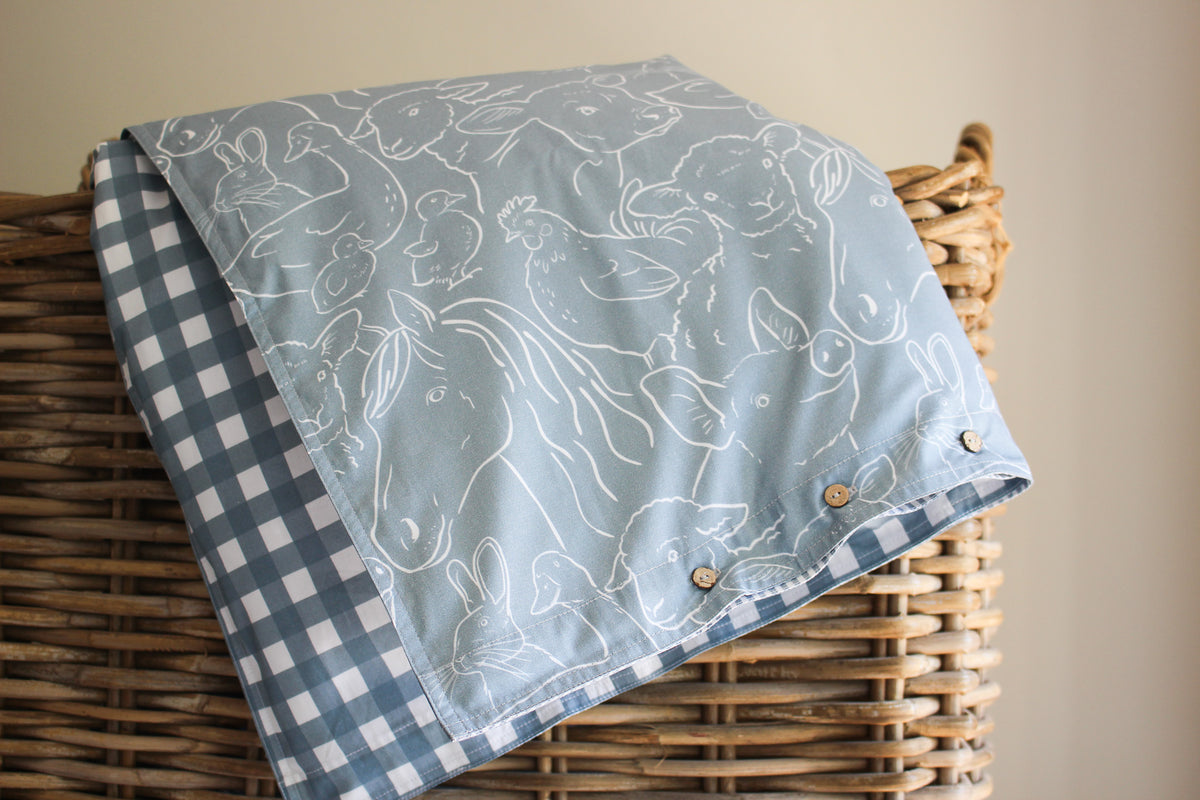 Cot  Duvet Set (100% Cotton) | Farm Animals & Gingham | Karoo Skies
